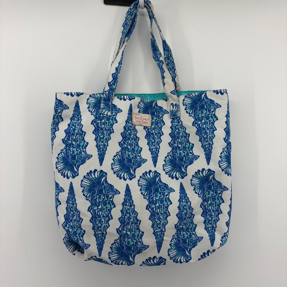 Lilly Pulitzer Estee Lauder Tote Bag Blue Teal‎ White Shells Womens Large Canvas